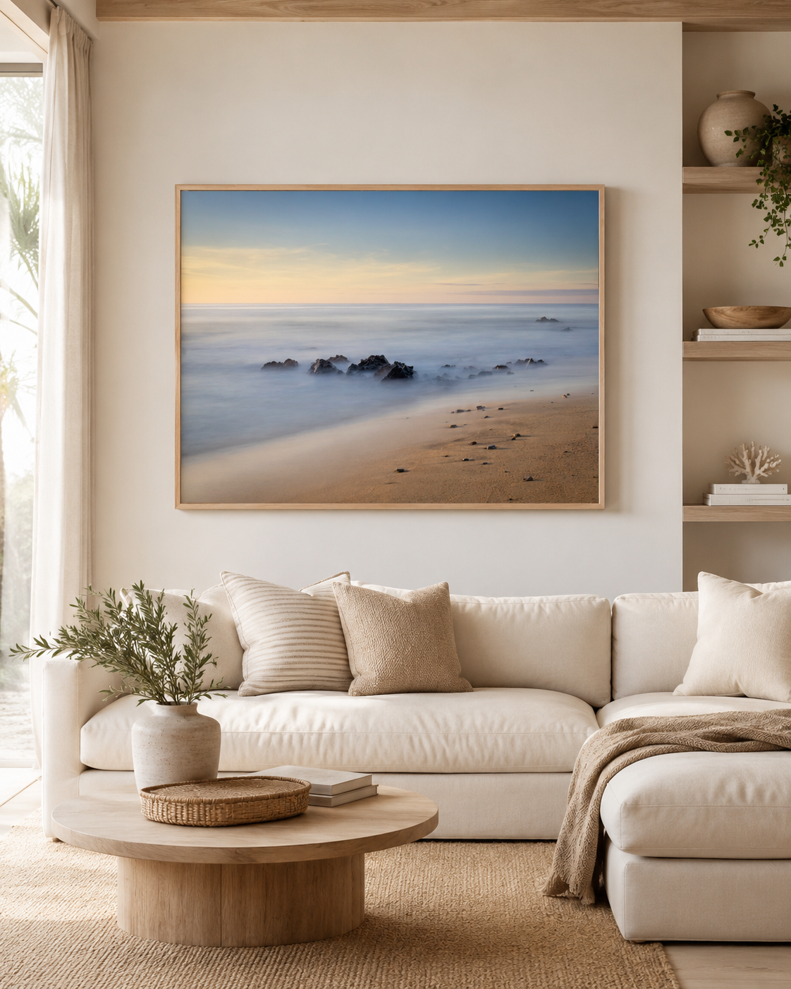 Orilla Serena fotografía de playa serena enmarcada en sala luminosa de estilo costero minimalista