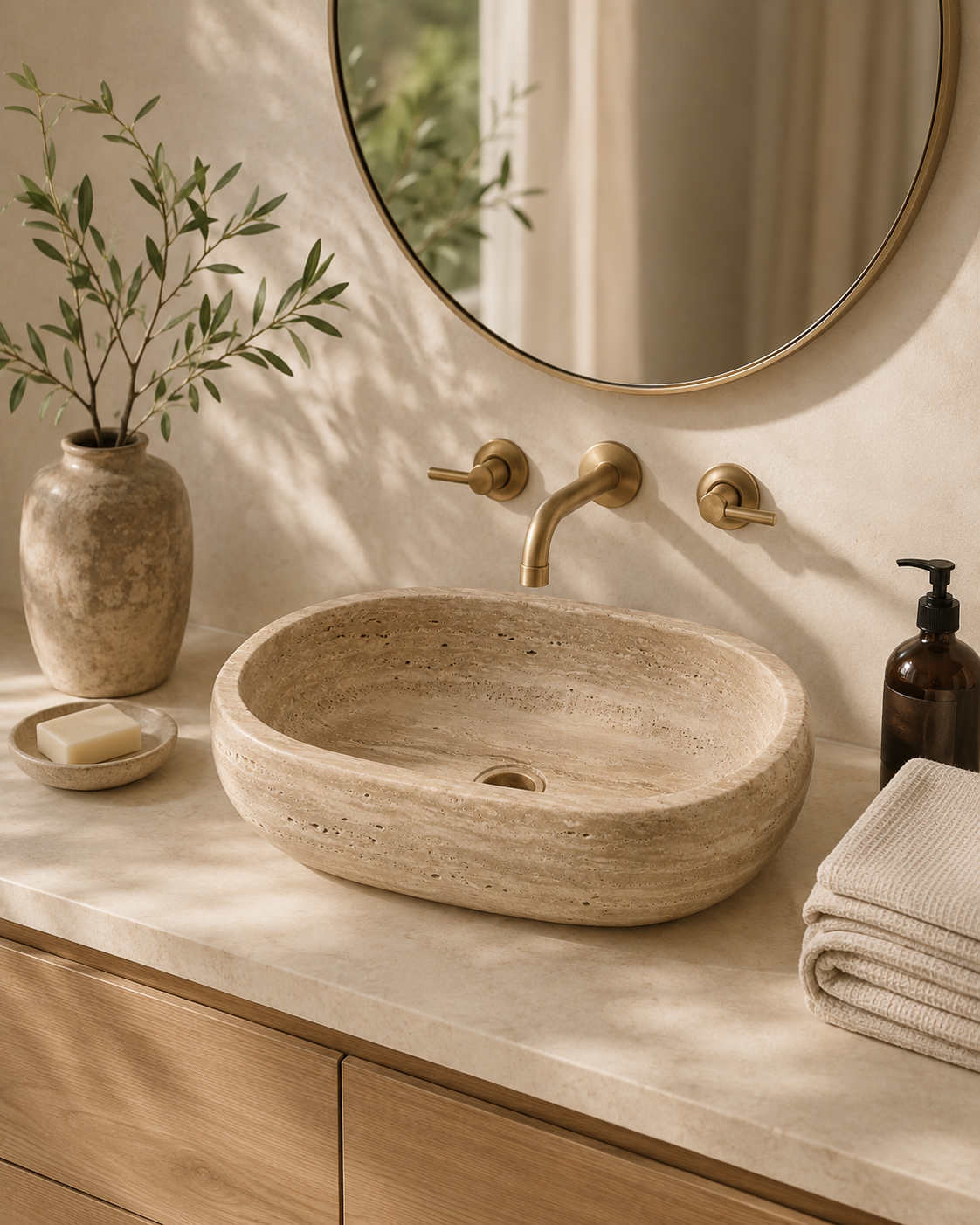 Ovalín de piedra natural en acabado mate instalado en baño de estilo cálido y minimalista