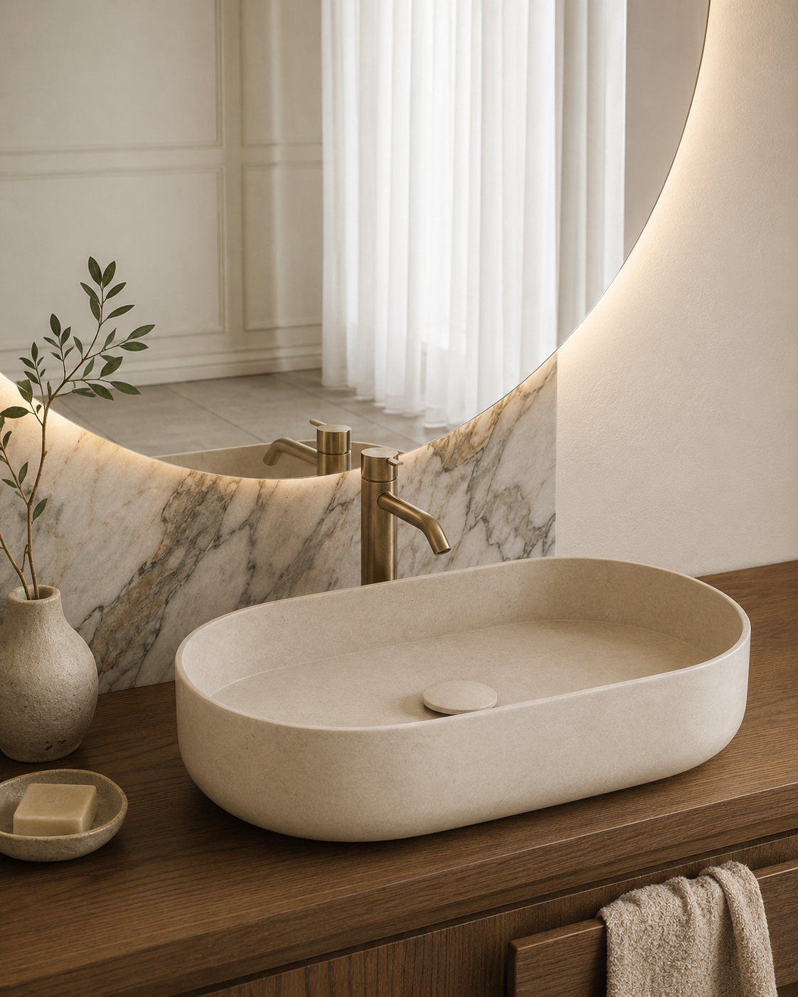 Ovalín ovalado de piedra natural instalado en baño cálido con cubierta de madera y grifería dorada