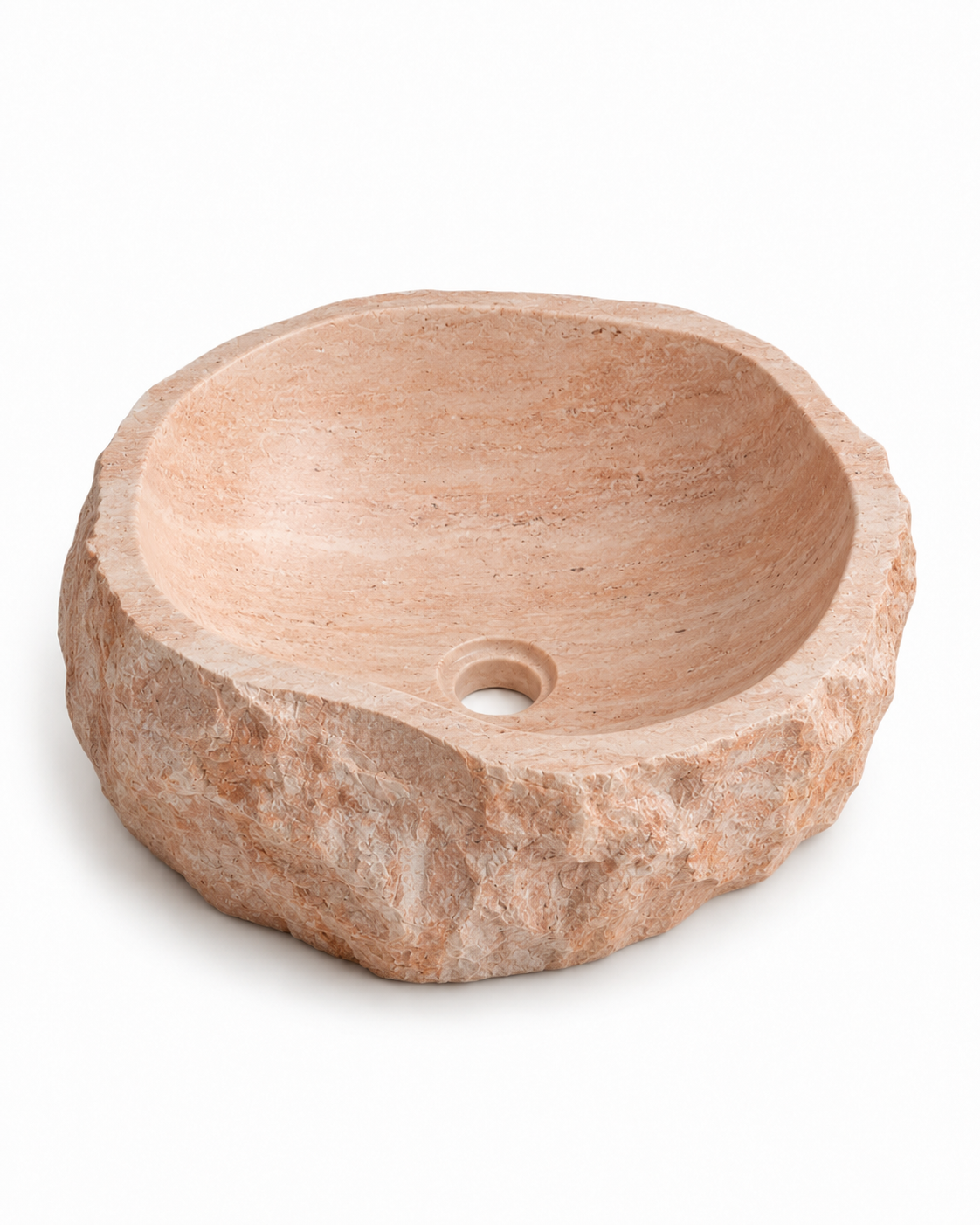 Ovalín rústico de Travertino Peach con exterior cara de piedra irregular e interior pulido mate