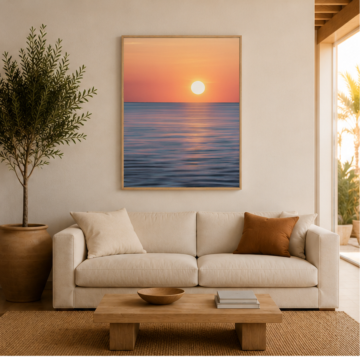 Sol de Horizonte fotografía de atardecer sobre el mar enmarcada en sala minimalista con tonos neutros